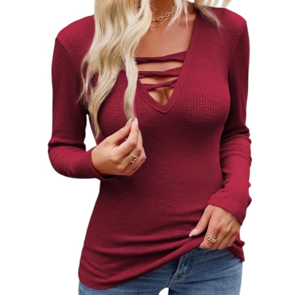 Maroon cut out twist front v-neck long sleeve ribbed stretch tee size large